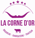 Logo violet La Corne d’Or avec étoiles et vache pour la boucherie, charcuterie et traiteur artisanal.