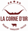 Logo La Corne d'Or : boucherie, charcuterie, traiteur avec cornes stylisées, étoiles et silhouette de bœuf.